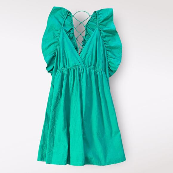 Umgee Kelly Green Tiered Ruffled‎ Corset Back Mini Dress Preppy Casual Size L - Picture 1 of 7
